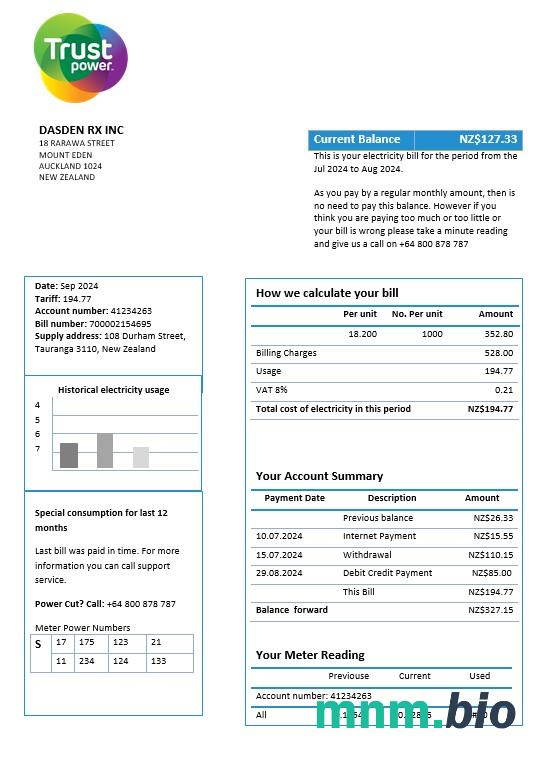 Nowa Zelandia Trustpower rachunek za usługi komunalne szablon w formacie Word i PDF
